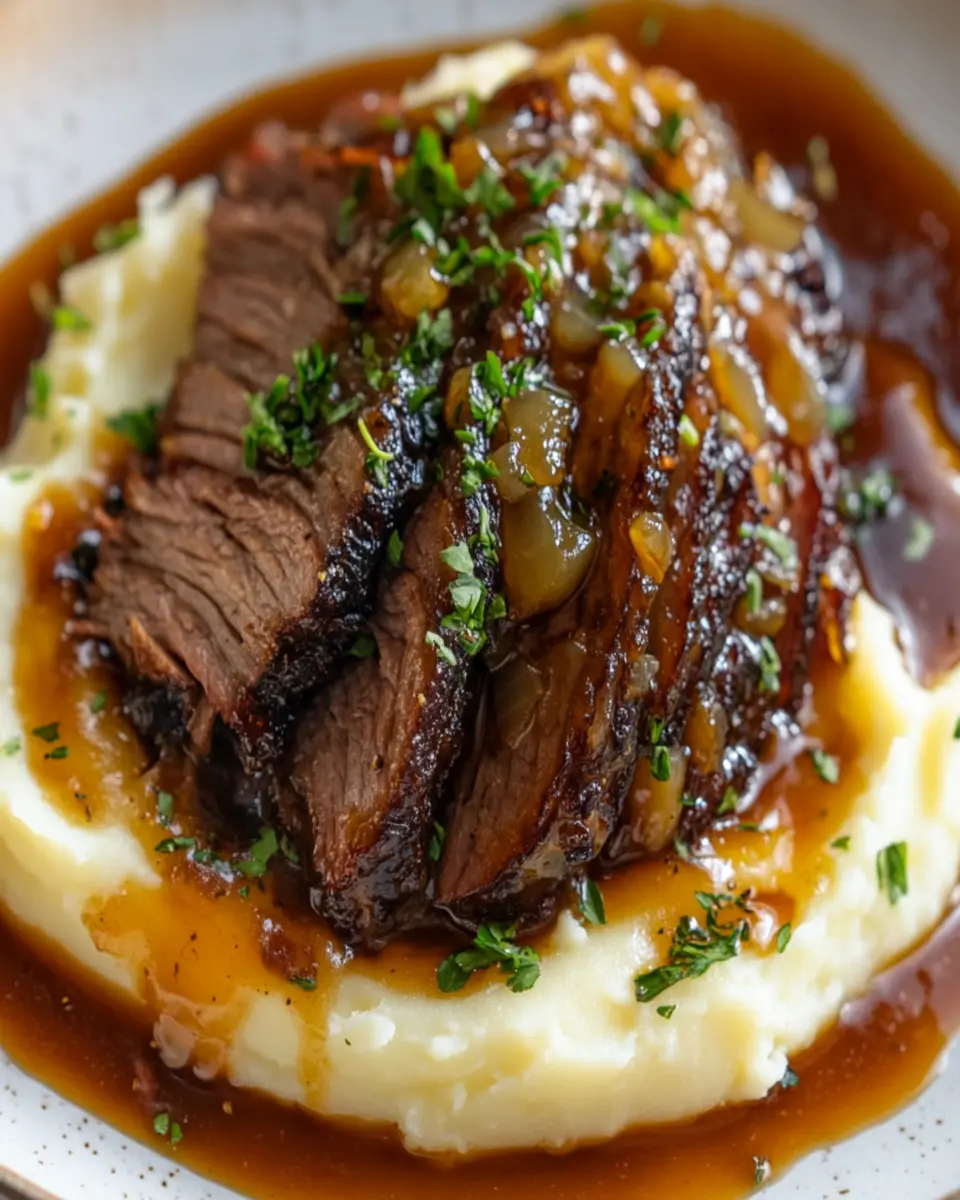 Mustard Brisket With Mashed Potatoes and Maple-Onion Sauce First Image First Image