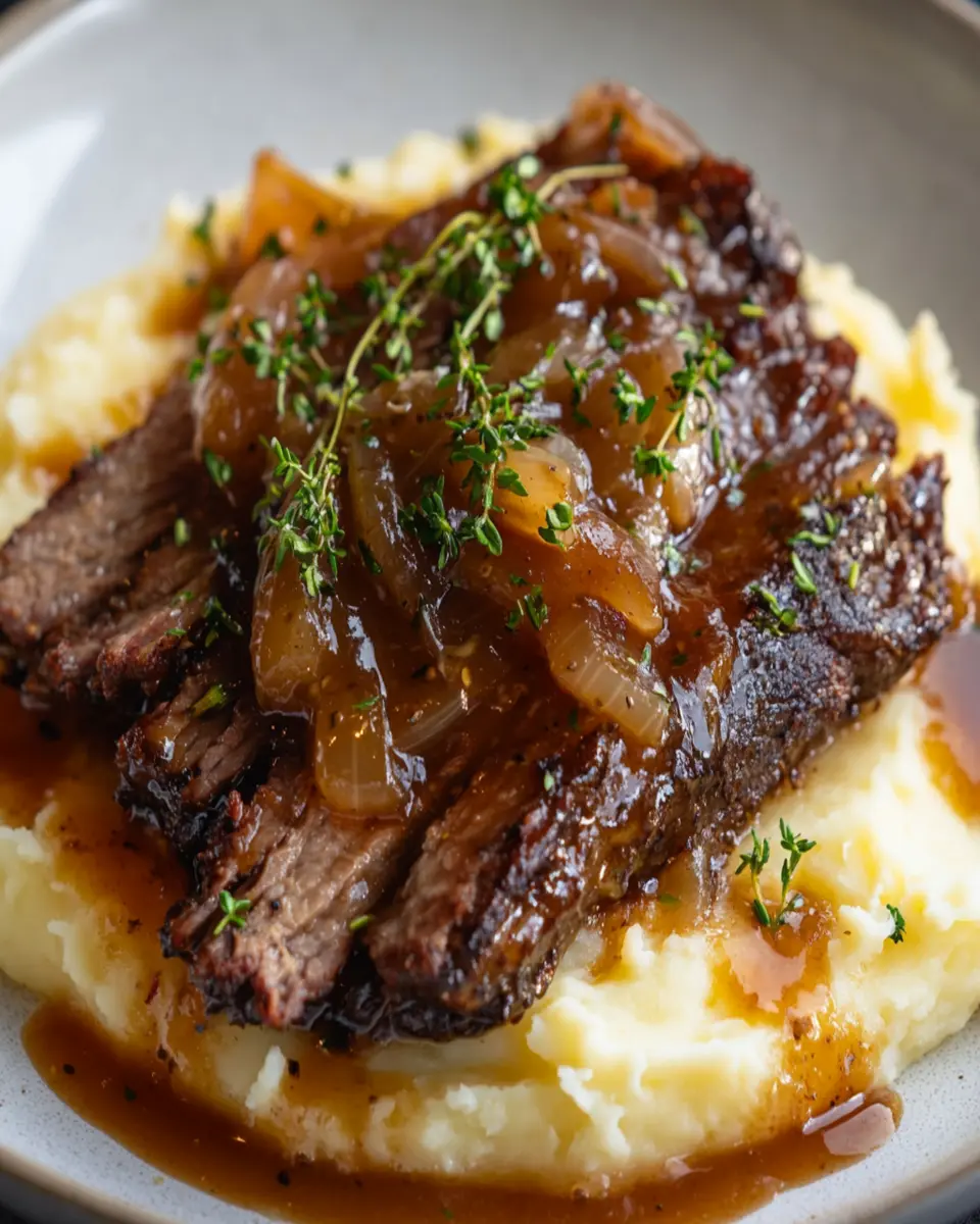Mustard Brisket With Mashed Potatoes and Maple-Onion Sauce First Image First Image