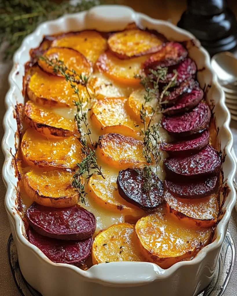 Root Vegetable Gratin with Sweet Potatoes, Parsnips, and Beets First Image First Image